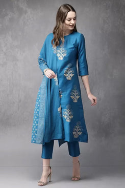 Admyrin Rama Blue Classic Cotton Blend Readymade Salwar Suit with Bottom and Dupatta