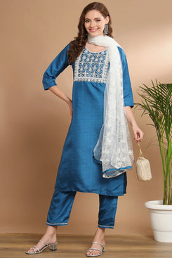 Admyrin Teal Cotton Silk Blend Traditional Function Wear Readymade Salwar Suit with Bottom and Dupatta
