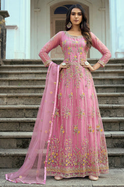 Admyrin Pink Heavy Butterfly Net Traditional Function Wear Semi-stiched Salwar Suit