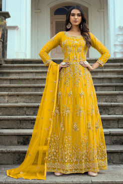 Admyrin Yellow Heavy Butterfly Net Traditional Function Wear Semi-stiched Salwar Suit