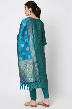 Admyrin Rama Green Cotton Silk Embroidered Party Wear Readymade Salwar Suit
