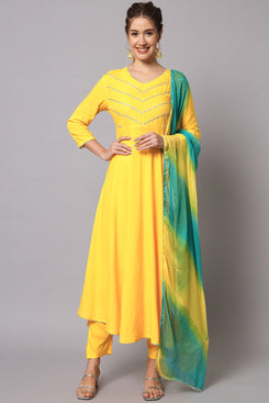 Admyrin Yellow Rayon Ready to Wear Salwar Suit with Bottom and Dupatta