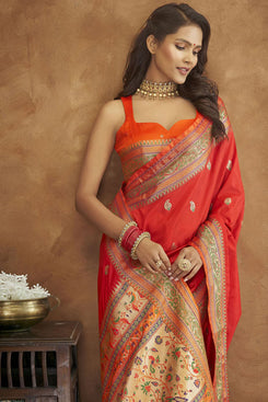 Admyrin Red Soft Paithani Silk Rich Zari Weaving Festival Wear Saree with Blouse Piece