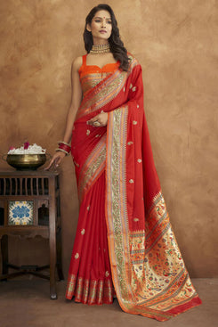 Admyrin Red Soft Paithani Silk Rich Zari Weaving Festival Wear Saree with Blouse Piece