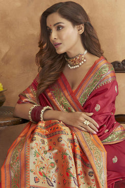 Admyrin Maroon Soft Paithani Silk Rich Zari Weaving Festival Wear Saree with Blouse Piece