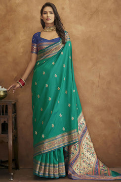 Admyrin Light Green Blue Soft Paithani Silk Rich Zari Weaving Festival Wear Saree with Blouse Piece