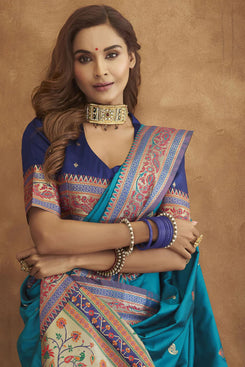 Admyrin Rama Blue Soft Paithani Silk Rich Zari Weaving Festival Wear Saree with Blouse Piece