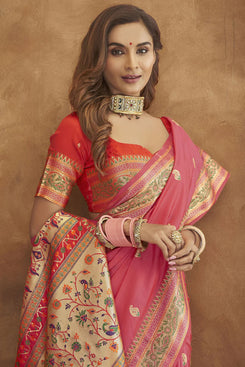 Admyrin Pink Soft Paithani Silk Rich Zari Weaving Festival Wear Saree with Blouse Piece