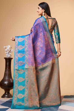 Admyrin Blue Lichi Silk Cooper Zari Weaving Function Wear Saree with Blouse Piece