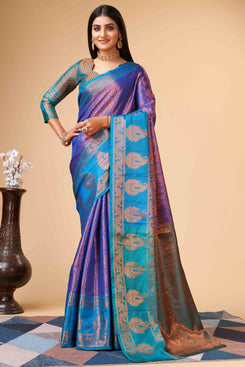 Admyrin Blue Lichi Silk Cooper Zari Weaving Function Wear Saree with Blouse Piece