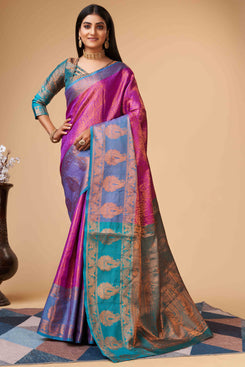 Admyrin Purple Lichi Silk Cooper Zari Weaving Function Wear Saree with Blouse Piece