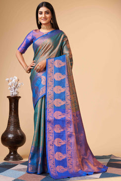 Admyrin Rama Blue Lichi Silk Cooper Zari Weaving Function Wear Saree with Blouse Piece