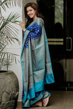 Admyrin Navy Blue Art Silk Designer Function Wear Banarasi Saree with Blouse Piece