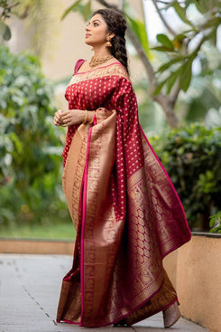 Admyrin Maroon Art Silk Designer Function Wear Banarasi Saree with Blouse Piece