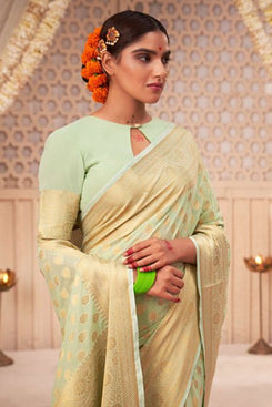 Admyrin Pista Green Soft Silk Traditional Function Wear Banarasi Saree with Blouse Piece