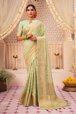 Admyrin Pista Green Soft Silk Traditional Function Wear Banarasi Saree with Blouse Piece