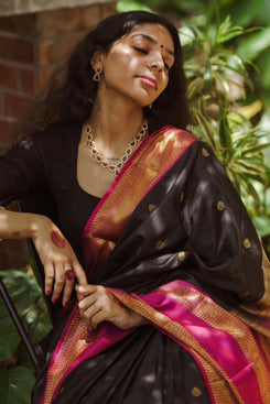 Admyrin Black Soft Silk Designer Party Wear Banarasi Saree with Blouse Piece