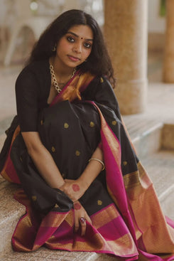 Admyrin Black Soft Silk Designer Party Wear Banarasi Saree with Blouse Piece