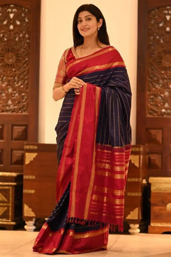 Admyrin Navy Blue Soft Silk Designer Party Wear Banarasi Saree with Blouse Piece