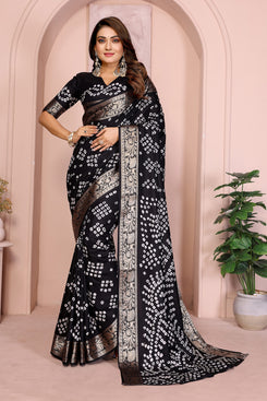 Admyrin Black Pure Bandhej Silk Traditional Function Wear Bandhani Saree with Blouse Piece