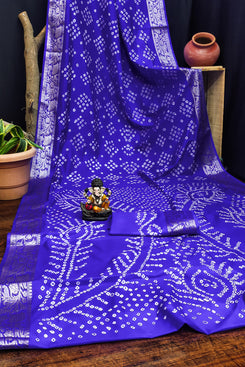 Admyrin Blue Pure Bandhej Silk Traditional Function Wear Bandhani Saree with Blouse Piece