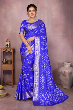Admyrin Blue Pure Bandhej Silk Traditional Function Wear Bandhani Saree with Blouse Piece