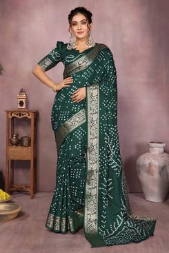 Admyrin Green Pure Bandhej Silk Traditional Function Wear Bandhani Saree with Blouse Piece