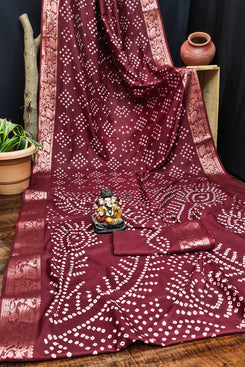 Admyrin Maroon Pure Bandhej Silk Traditional Function Wear Bandhani Saree with Blouse Piece