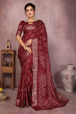 Admyrin Maroon Pure Bandhej Silk Traditional Function Wear Bandhani Saree with Blouse Piece