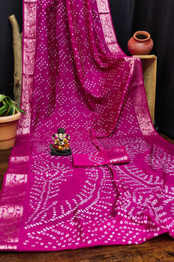 Admyrin Pink Pure Bandhej Silk Traditional Function Wear Bandhani Saree with Blouse Piece