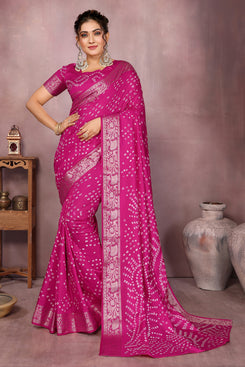 Admyrin Pink Pure Bandhej Silk Traditional Function Wear Bandhani Saree with Blouse Piece
