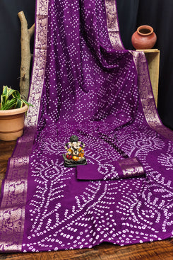 Admyrin Purple Pure Bandhej Silk Traditional Function Wear Bandhani Saree with Blouse Piece