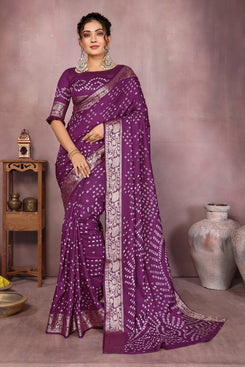 Admyrin Purple Pure Bandhej Silk Traditional Function Wear Bandhani Saree with Blouse Piece