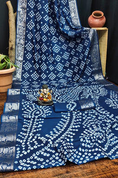 Admyrin Teal Pure Bandhej Silk Traditional Function Wear Bandhani Saree with Blouse Piece