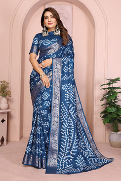 Admyrin Teal Pure Bandhej Silk Traditional Function Wear Bandhani Saree with Blouse Piece