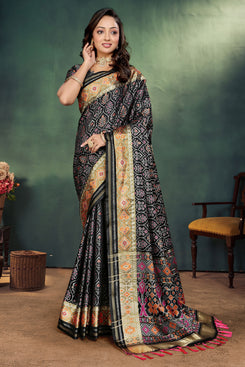Admyrin Black Pure Handloom Silk Function Wear Woven Saree with Blouse Piece