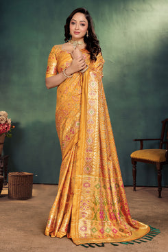 Admyrin Mustard Pure Handloom Silk Function Wear Woven Saree with Blouse Piece