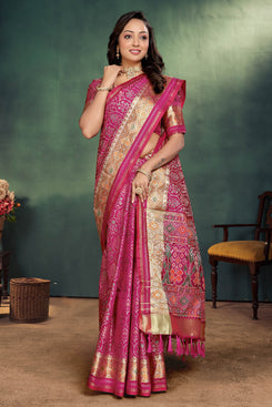 Admyrin Pink Pure Handloom Silk Function Wear Woven Saree with Blouse Piece