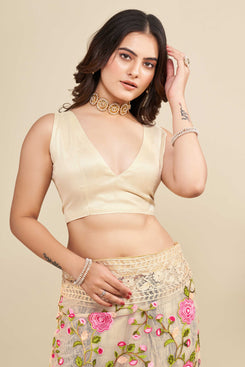 Admyrin Beige Soft Net Embroidered Party Wear Saree with Blouse Piece