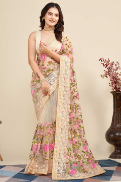 Admyrin Beige Soft Net Embroidered Party Wear Saree with Blouse Piece