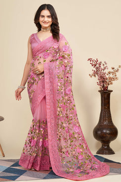 Admyrin Pink Soft Net Embroidered Party Wear Saree with Blouse Piece