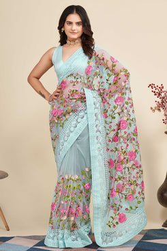 Admyrin Sky Blue Soft Net Embroidered Party Wear Saree with Blouse Piece