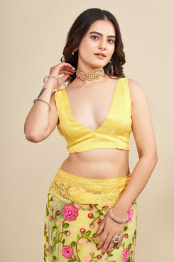 Admyrin Yellow Soft Net Embroidered Party Wear Saree with Blouse Piece