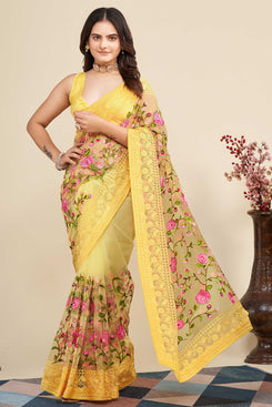 Admyrin Yellow Soft Net Embroidered Party Wear Saree with Blouse Piece