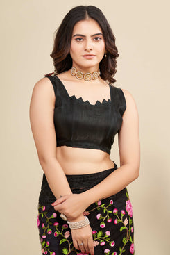 Admyrin Black Soft Net Embroidered Party Wear Saree with Blouse Piece