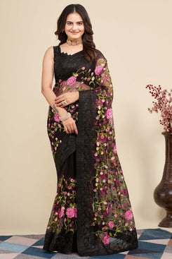 Admyrin Black Soft Net Embroidered Party Wear Saree with Blouse Piece