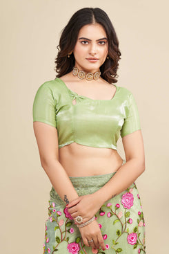 Admyrin Pista Soft Net Embroidered Party Wear Saree with Blouse Piece