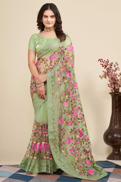 Admyrin Pista Soft Net Embroidered Party Wear Saree with Blouse Piece