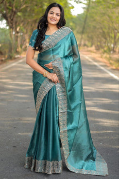 Admyrin Pure Soft Burberry Silk Festival Wear Border Work Saree with Blouse Piece