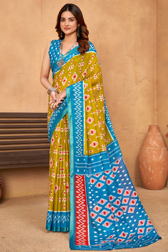Admyrin Multi Color Cotton Leheriya Print Functions Wear Saree with Blouse Piece